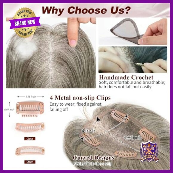 14 Inch Real Human Hair Topper with Silk Base & 4 Clips for Thinning Hair